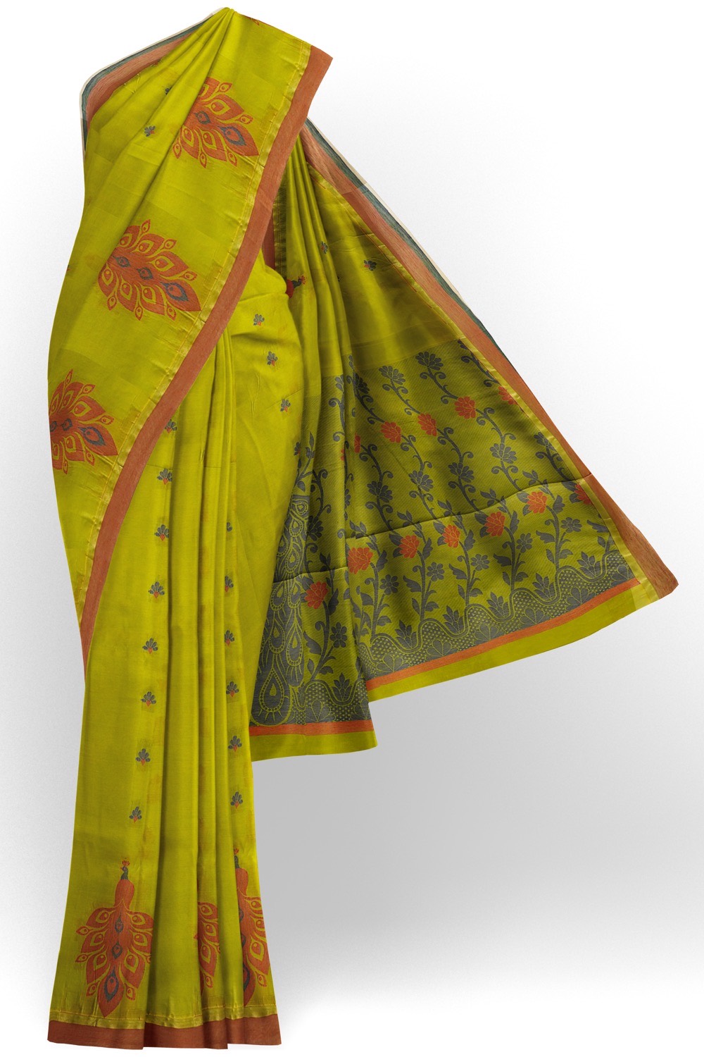 sri kumaran stores kora cotton saree green saree with brown floral border 1