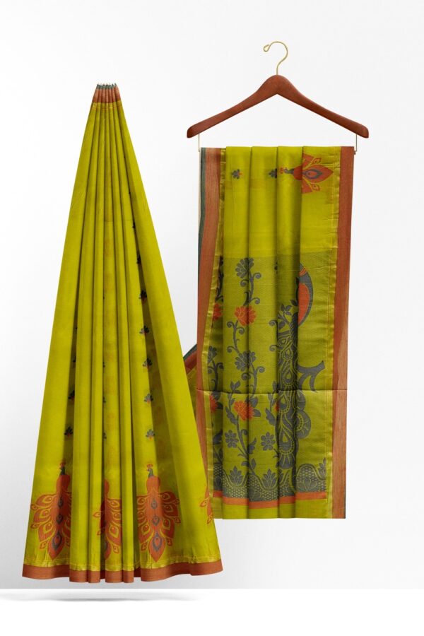 sri kumaran stores kora cotton saree green saree with brown floral border 2