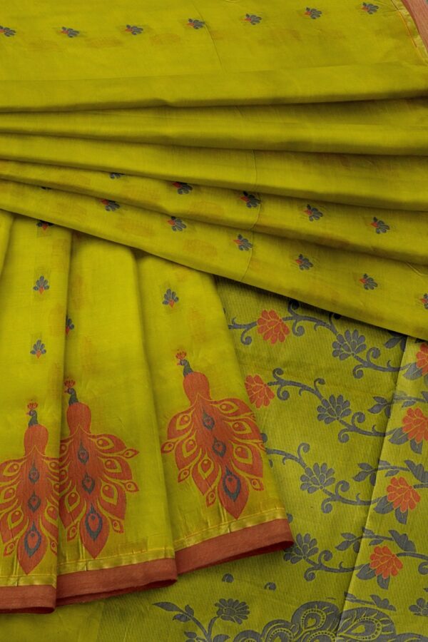 sri kumaran stores kora cotton saree green saree with brown floral border 4