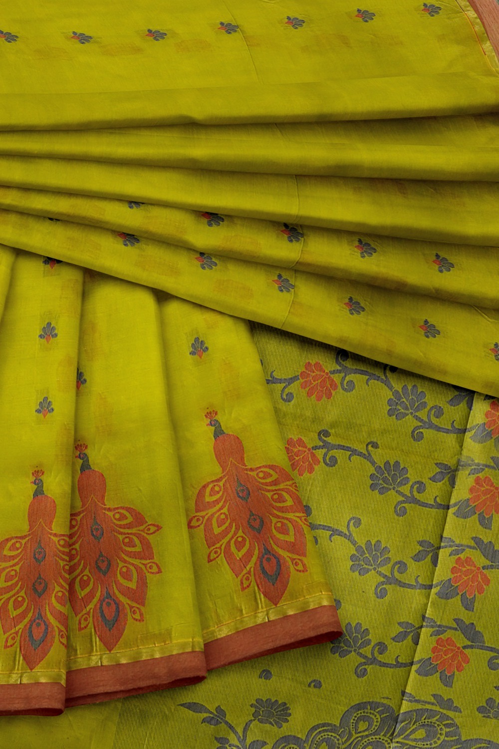 sri kumaran stores kora cotton saree green saree with brown floral border 4