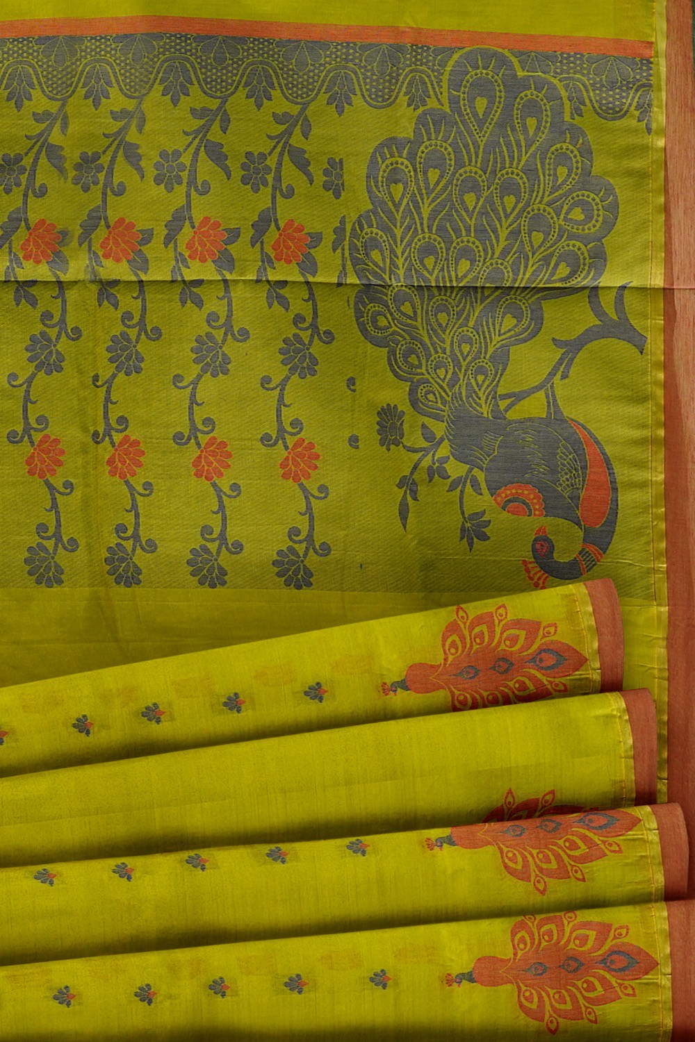 sri kumaran stores kora cotton saree green saree with brown floral border 5