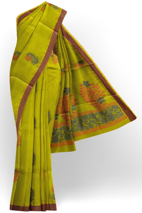 sri kumaran stores kora cotton saree green saree with floral brown border 1