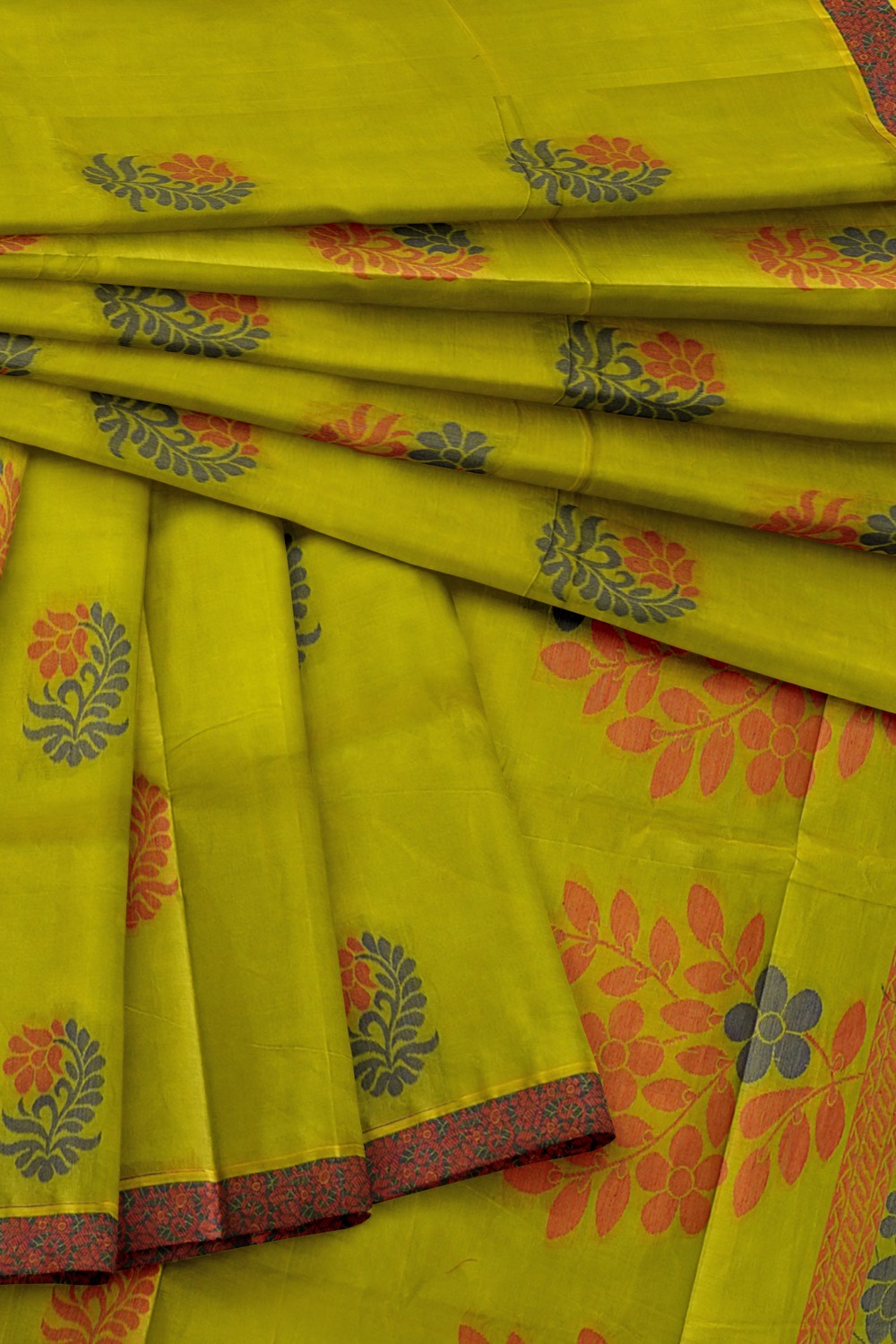 sri kumaran stores kora cotton saree green saree with floral brown border 4