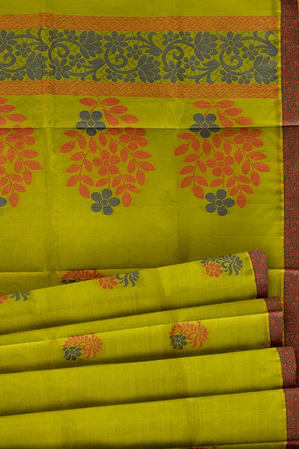 sri kumaran stores kora cotton saree green saree with floral brown border 5