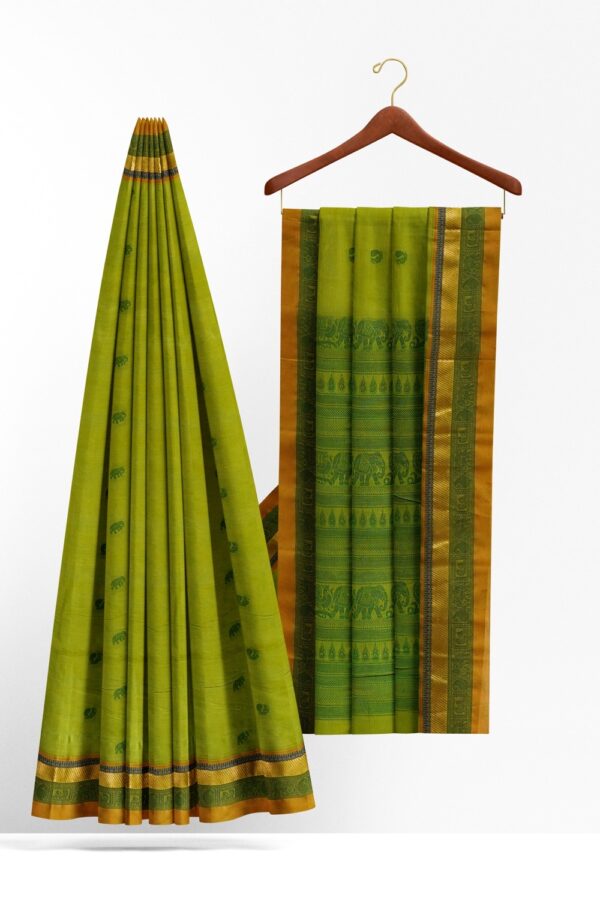 sri kumaran stores kora cotton saree green saree with golden and green colour border 2
