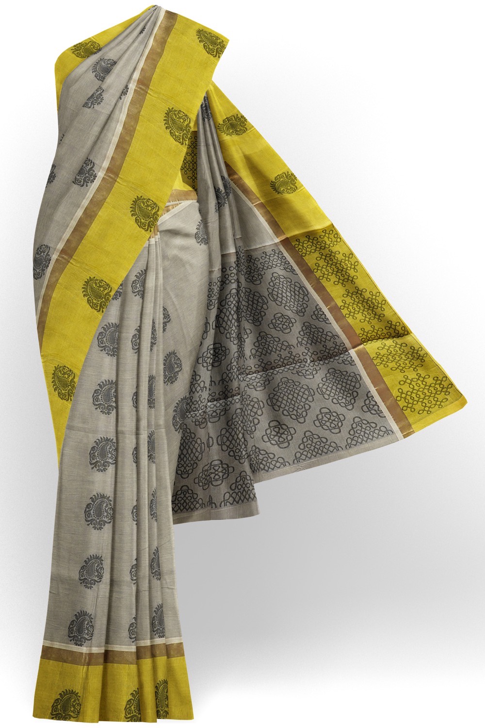 sri kumaran stores kora cotton saree grey saree with floral green border 1