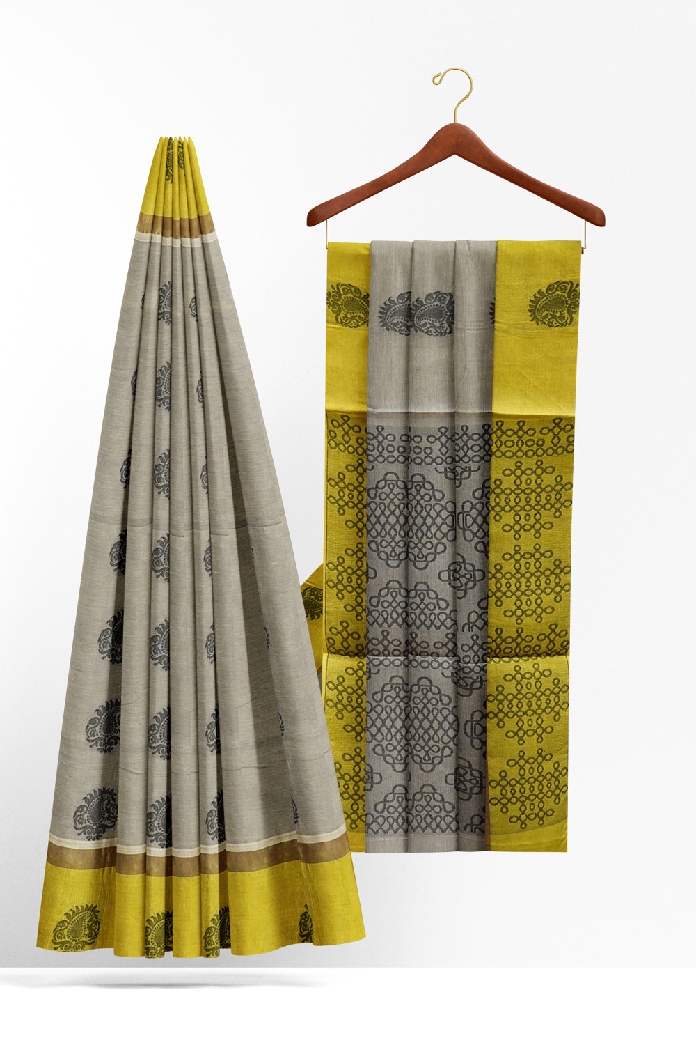 sri kumaran stores kora cotton saree grey saree with floral green border 2