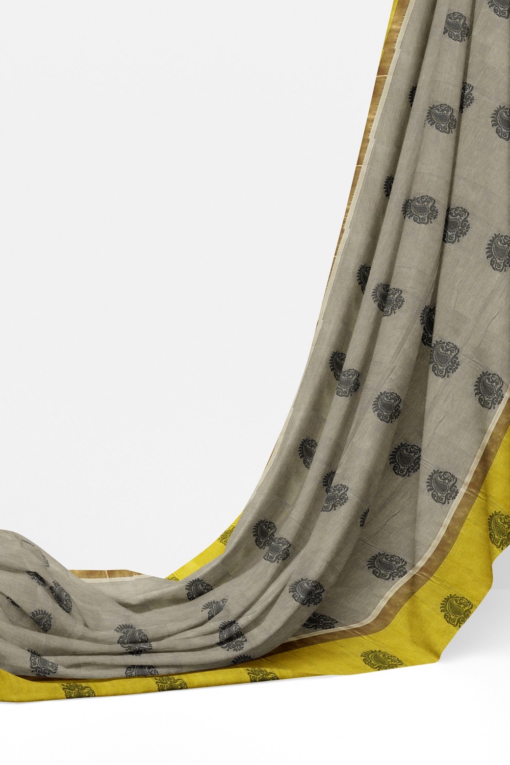 sri kumaran stores kora cotton saree grey saree with floral green border 3