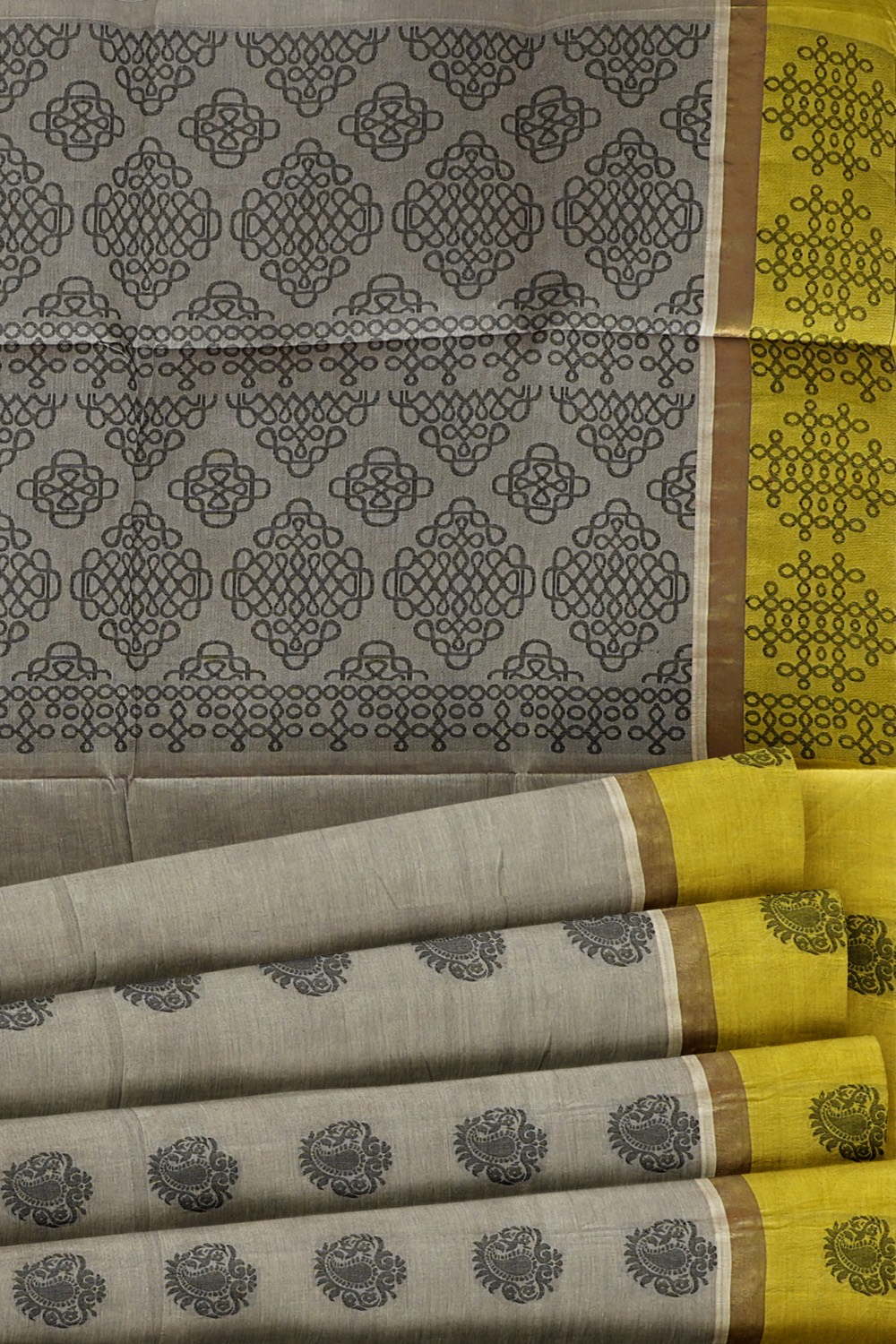 sri kumaran stores kora cotton saree grey saree with floral green border 5