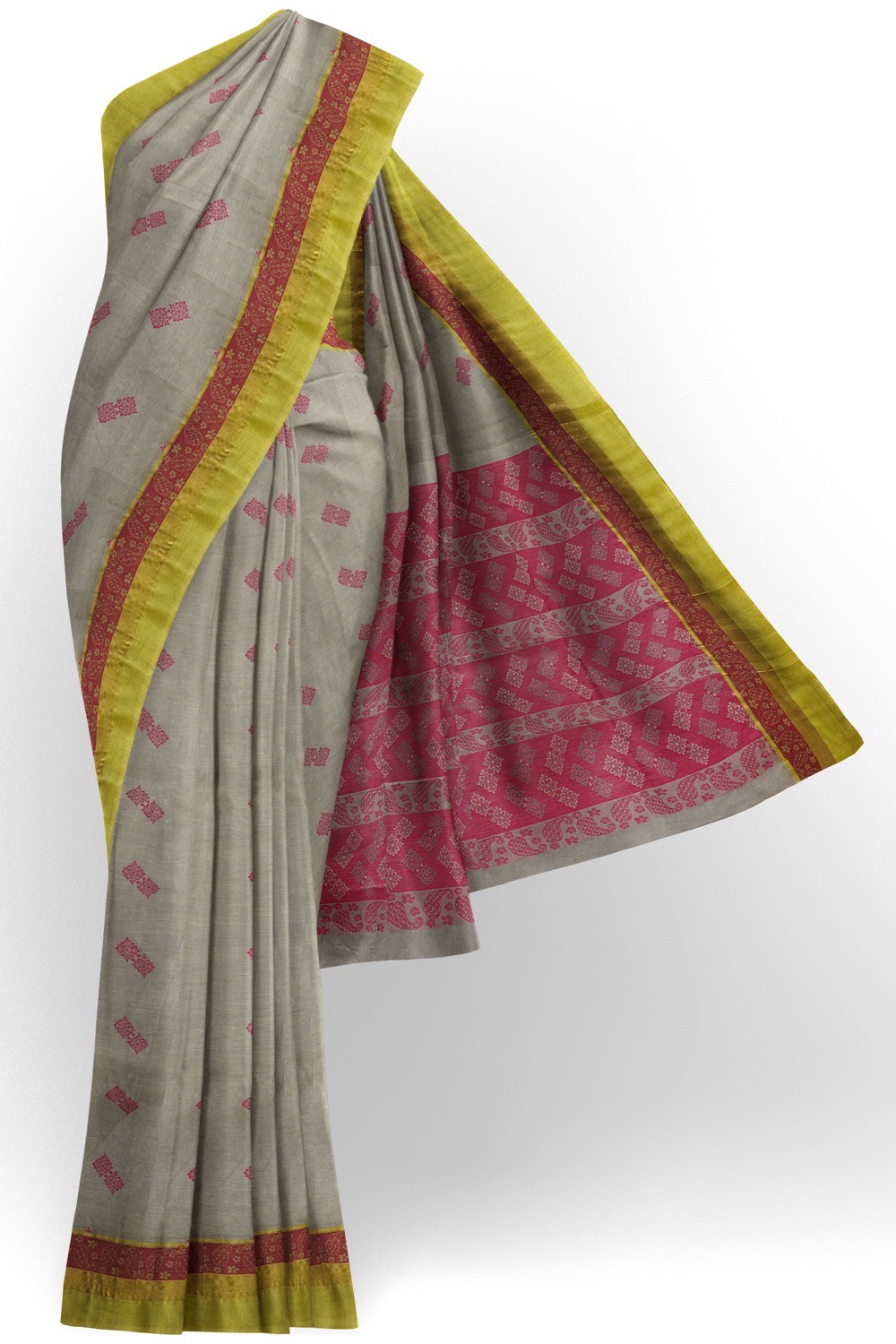 sri kumaran stores kora cotton saree grey saree with green border 1