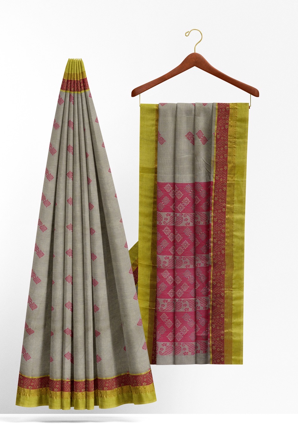 sri kumaran stores kora cotton saree grey saree with green border 2