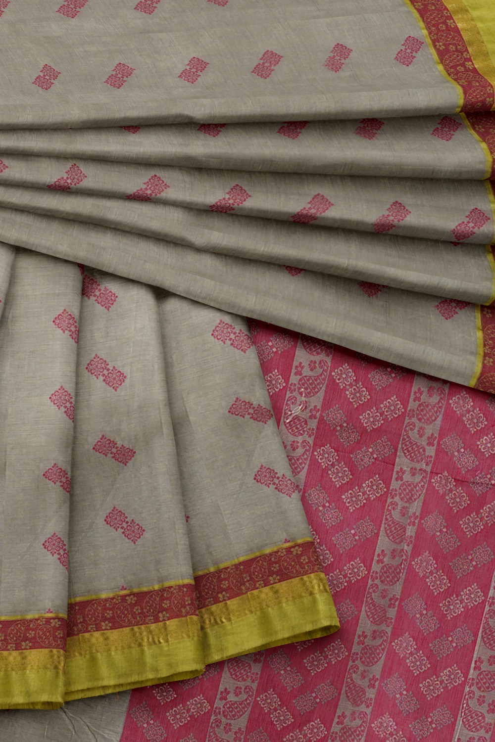 sri kumaran stores kora cotton saree grey saree with green border 4