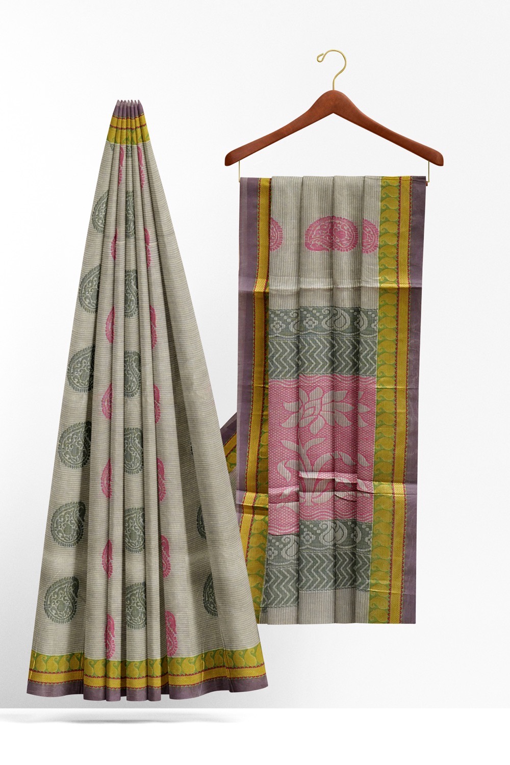 sri kumaran stores kora cotton saree grey saree with purple border 2