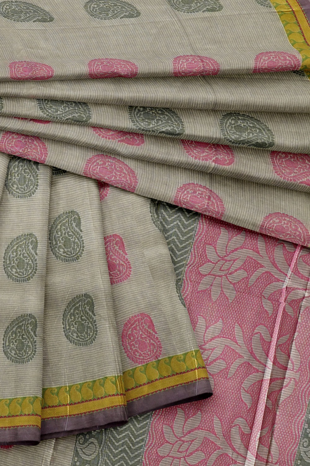 sri kumaran stores kora cotton saree grey saree with purple border 4