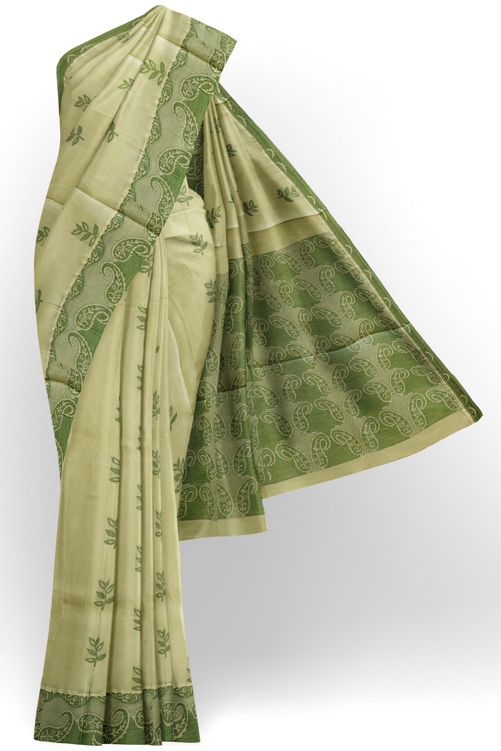 sri kumaran stores kora cotton saree half white saree with green border 1