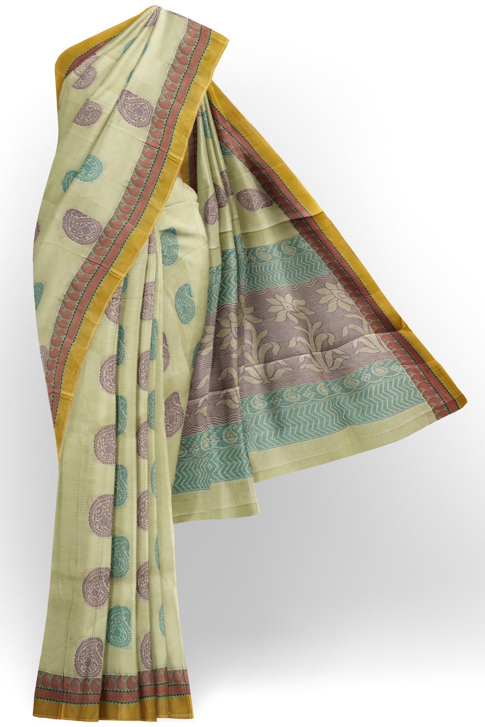 sri kumaran stores kora cotton saree half white saree with pink and golden border 1