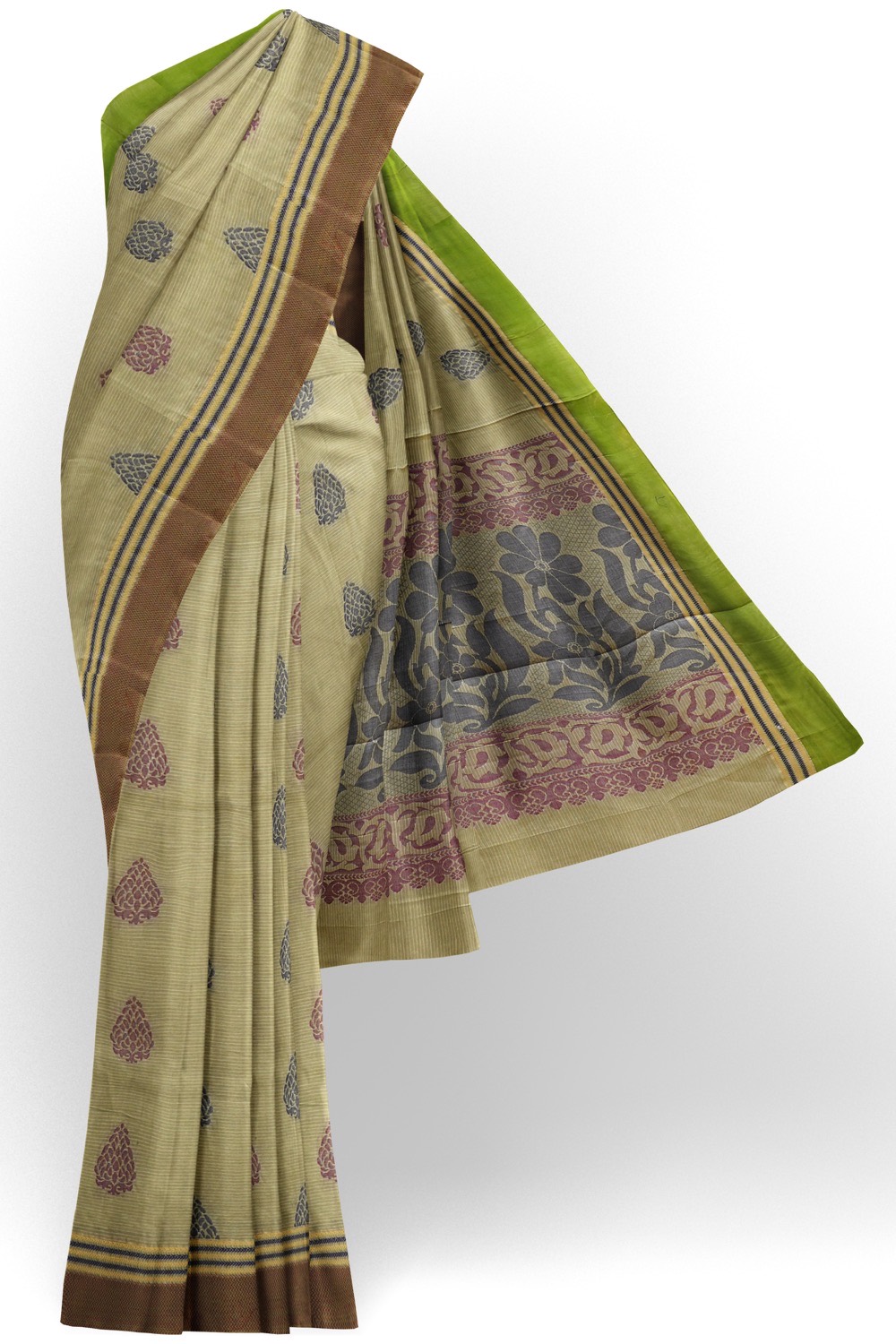 sri kumaran stores kora cotton saree khaki saree with brown border 1