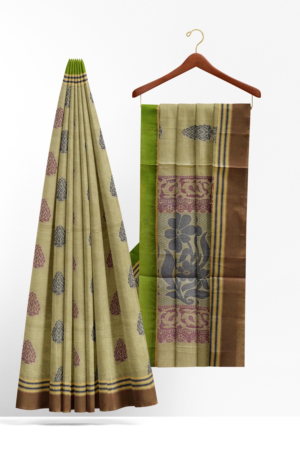 sri kumaran stores kora cotton saree khaki saree with brown border 2