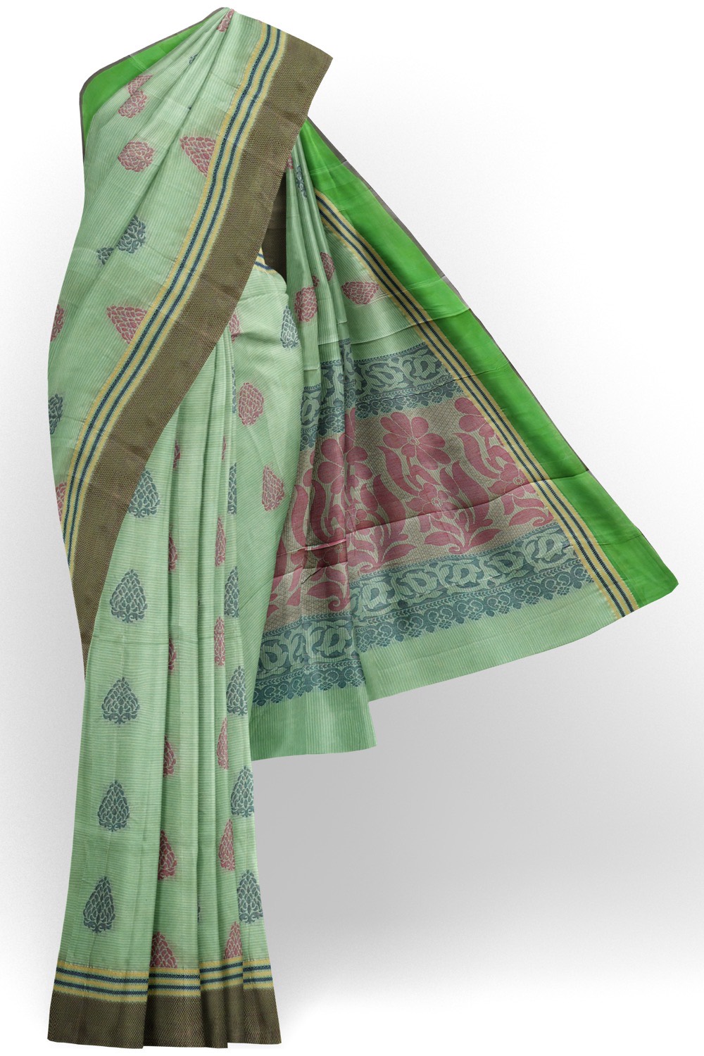sri kumaran stores kora cotton saree light green saree with black border 1