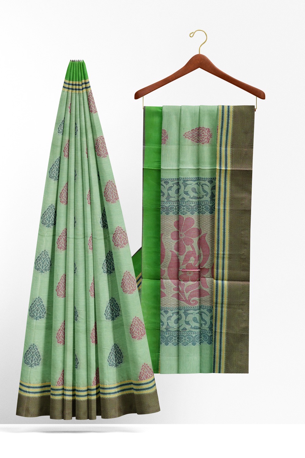 sri kumaran stores kora cotton saree light green saree with black border 2