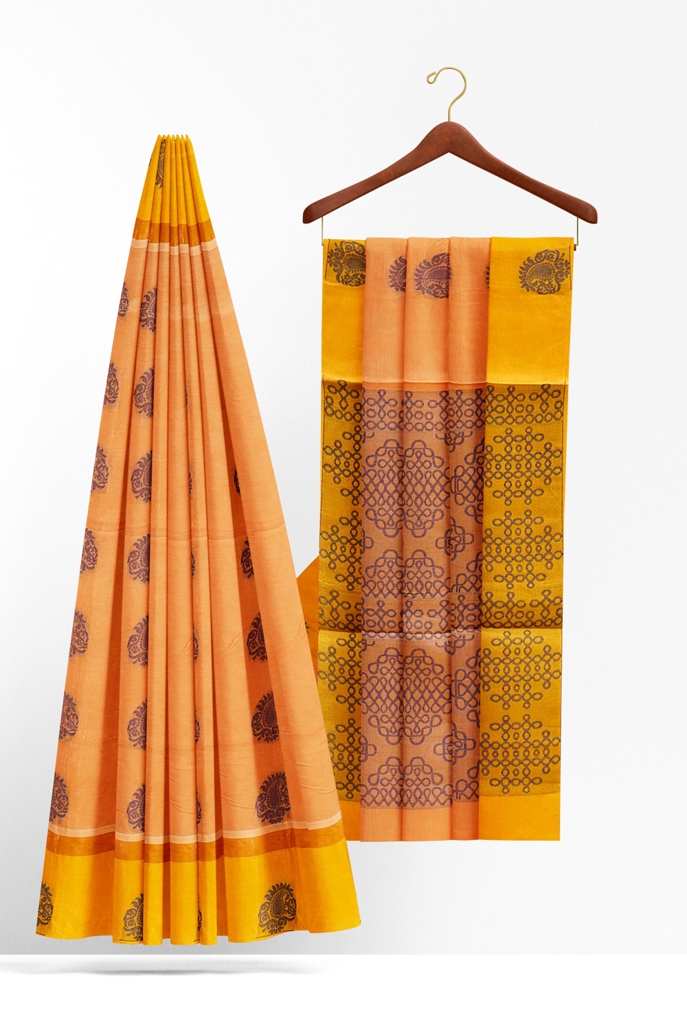 sri kumaran stores kora cotton saree light orange saree with golden and yellow border 2