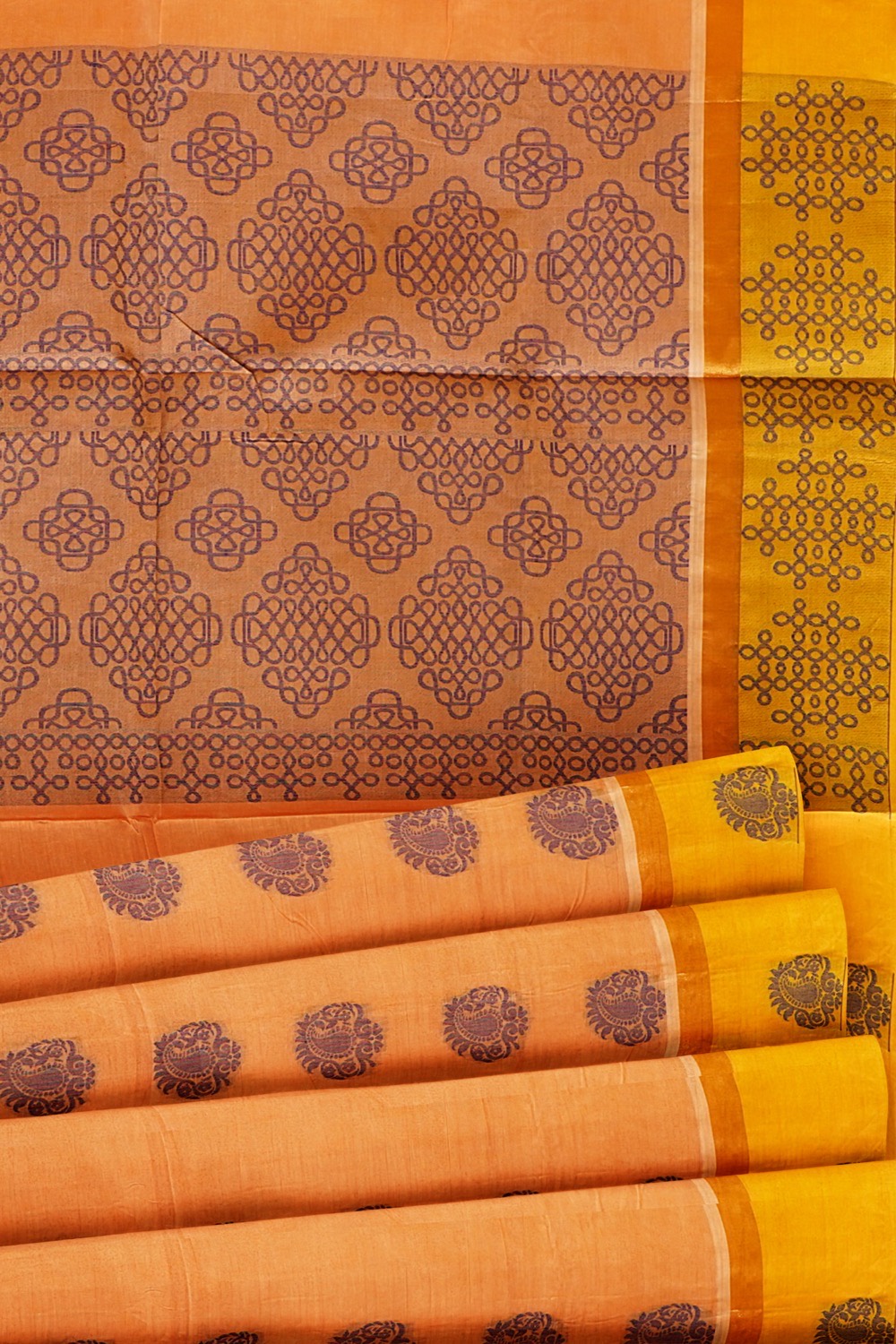 sri kumaran stores kora cotton saree light orange saree with golden and yellow border 5