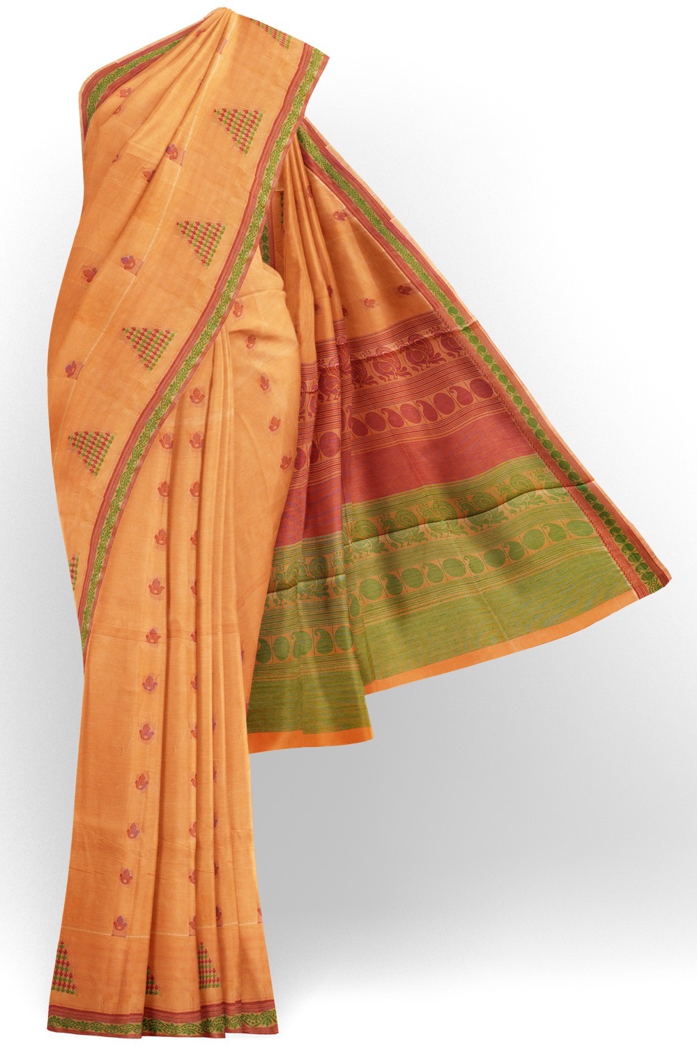 sri kumaran stores kora cotton saree light orange saree with green border 1
