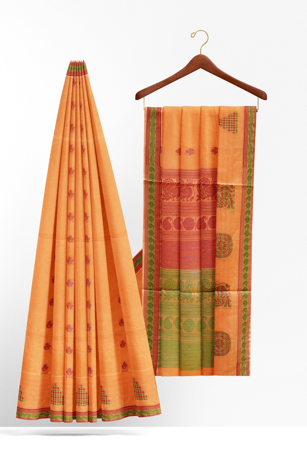 sri kumaran stores kora cotton saree light orange saree with green border 2
