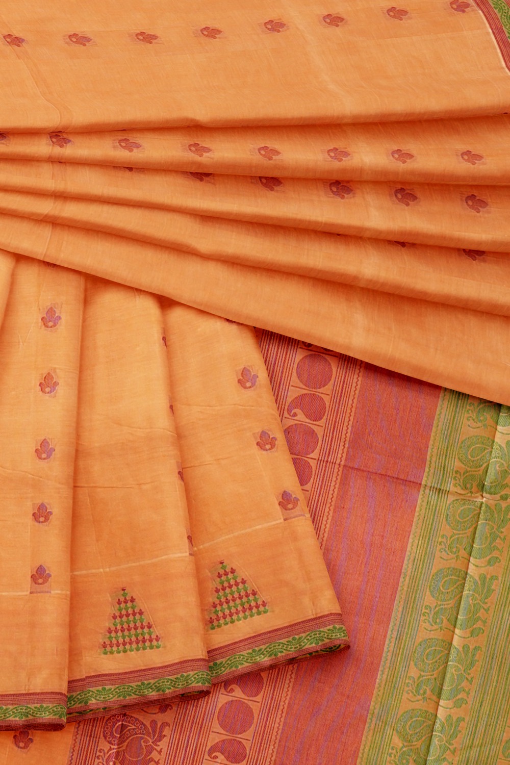 sri kumaran stores kora cotton saree light orange saree with green border 4