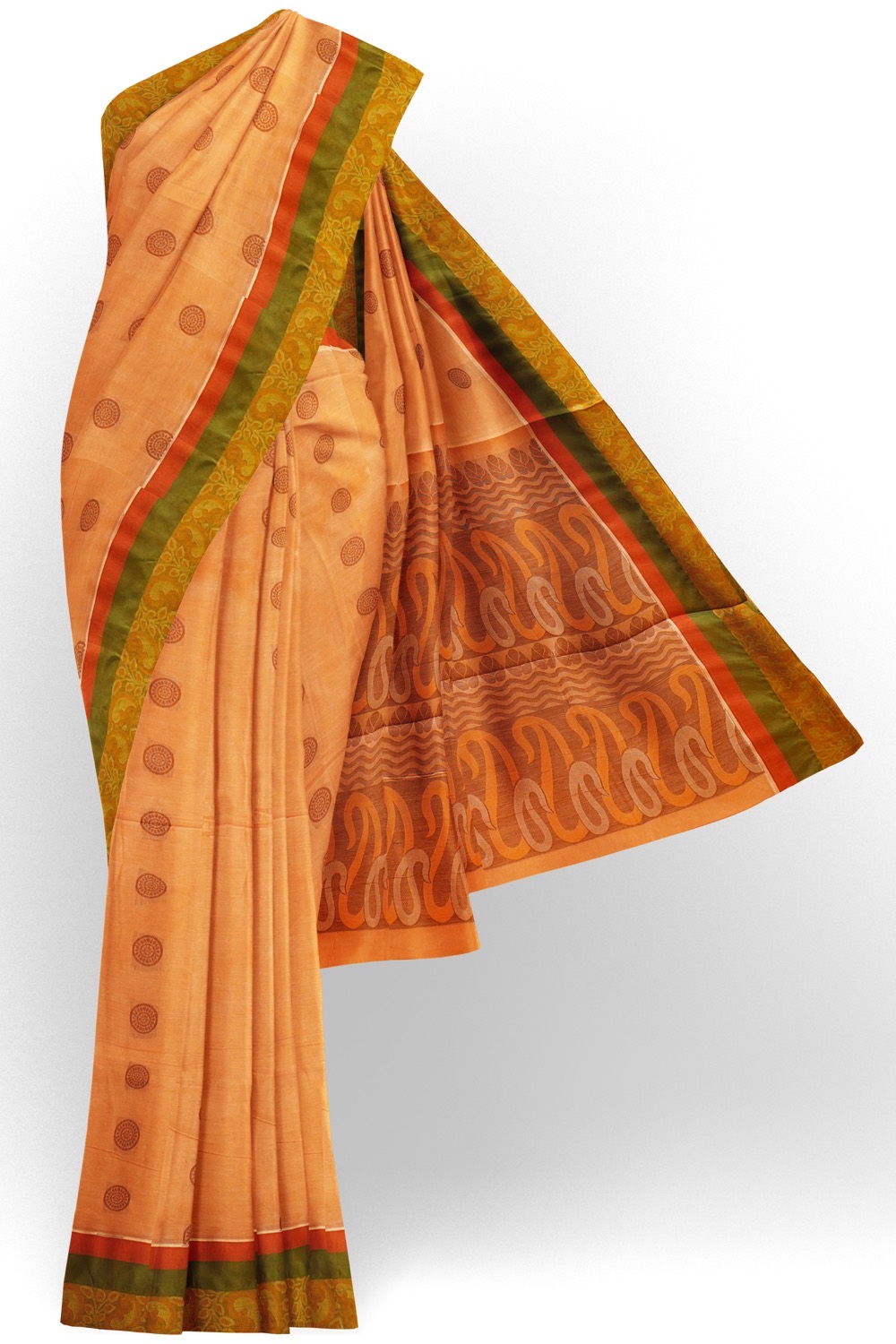 sri kumaran stores kora cotton saree light orange saree with red and green border 1