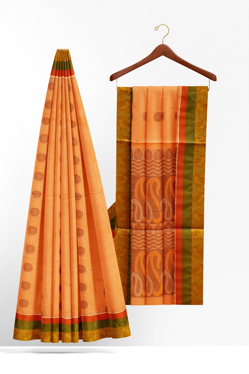 sri kumaran stores kora cotton saree light orange saree with red and green border 2