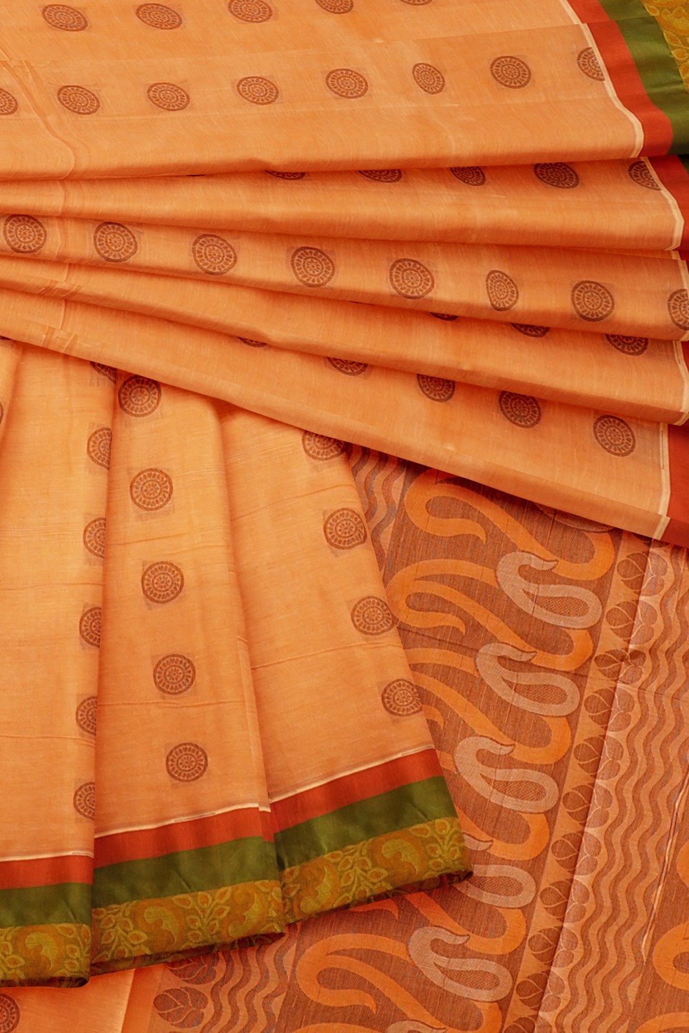 sri kumaran stores kora cotton saree light orange saree with red and green border 4