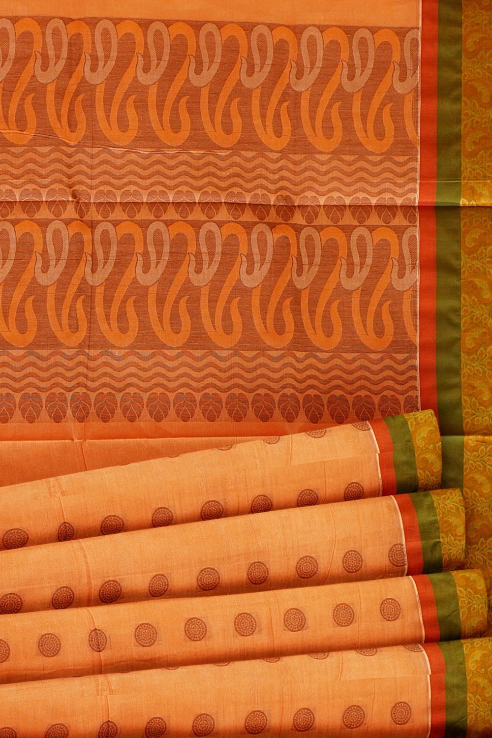 sri kumaran stores kora cotton saree light orange saree with red and green border 5