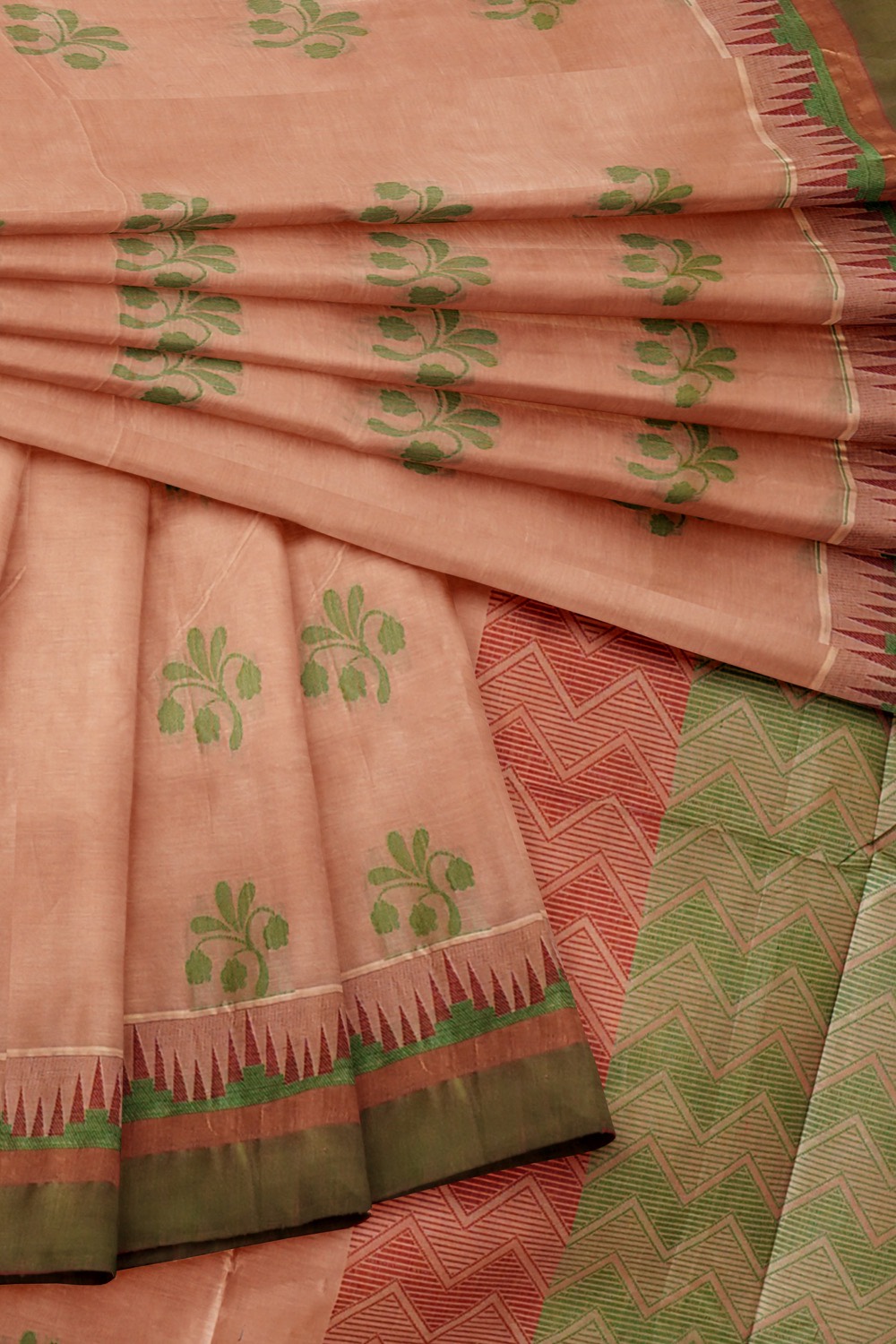 sri kumaran stores kora cotton saree light pink saree with green border 4