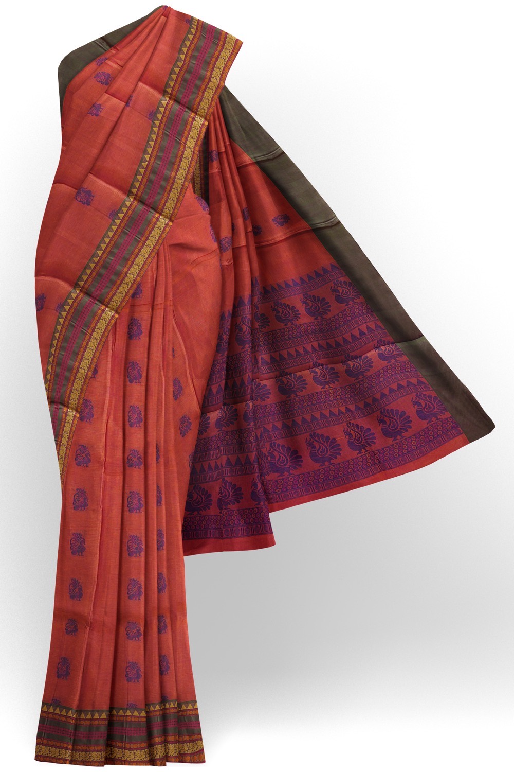 sri kumaran stores kora cotton saree maroon saree with green border 1