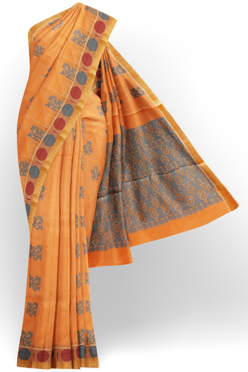 sri kumaran stores kora cotton saree orange saree with dotted border 1