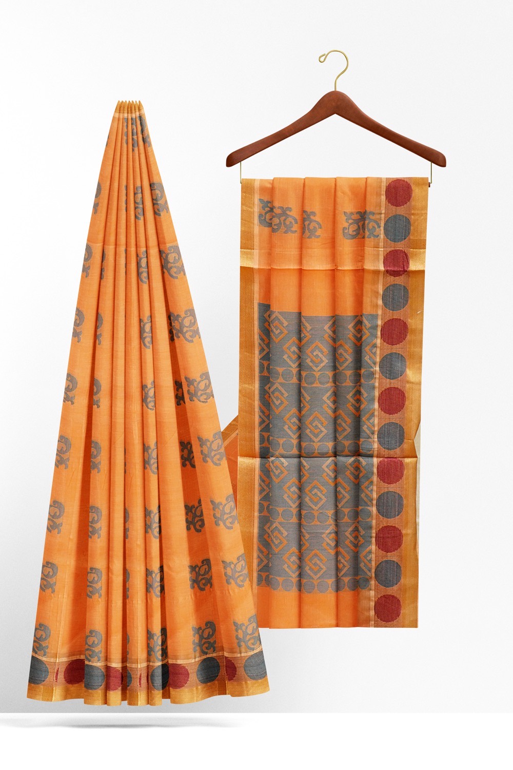 sri kumaran stores kora cotton saree orange saree with dotted border 2