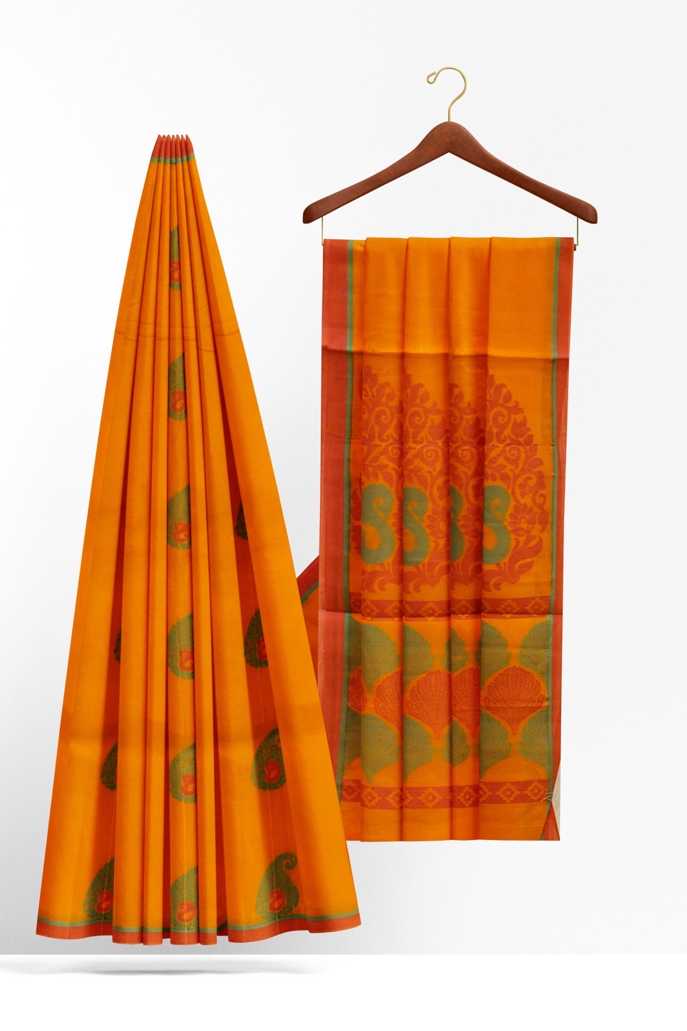 sri kumaran stores kora cotton saree orange saree with green and red border 2