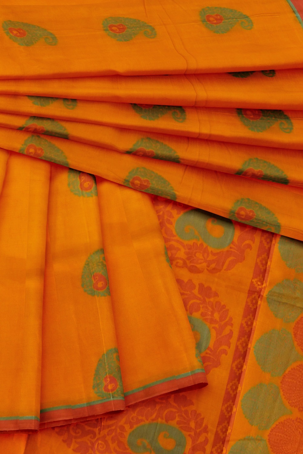 sri kumaran stores kora cotton saree orange saree with green and red border 4