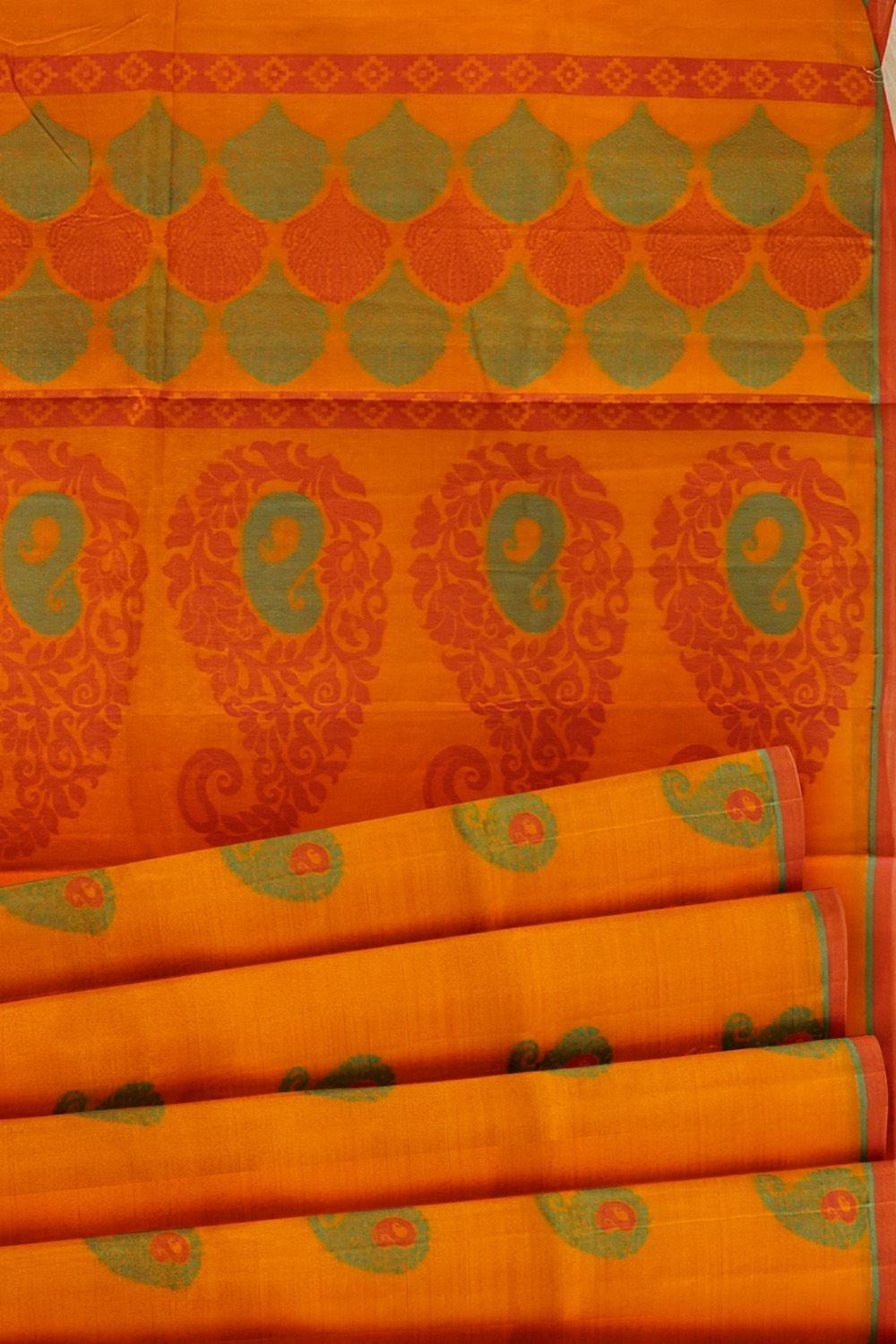 sri kumaran stores kora cotton saree orange saree with green and red border 5