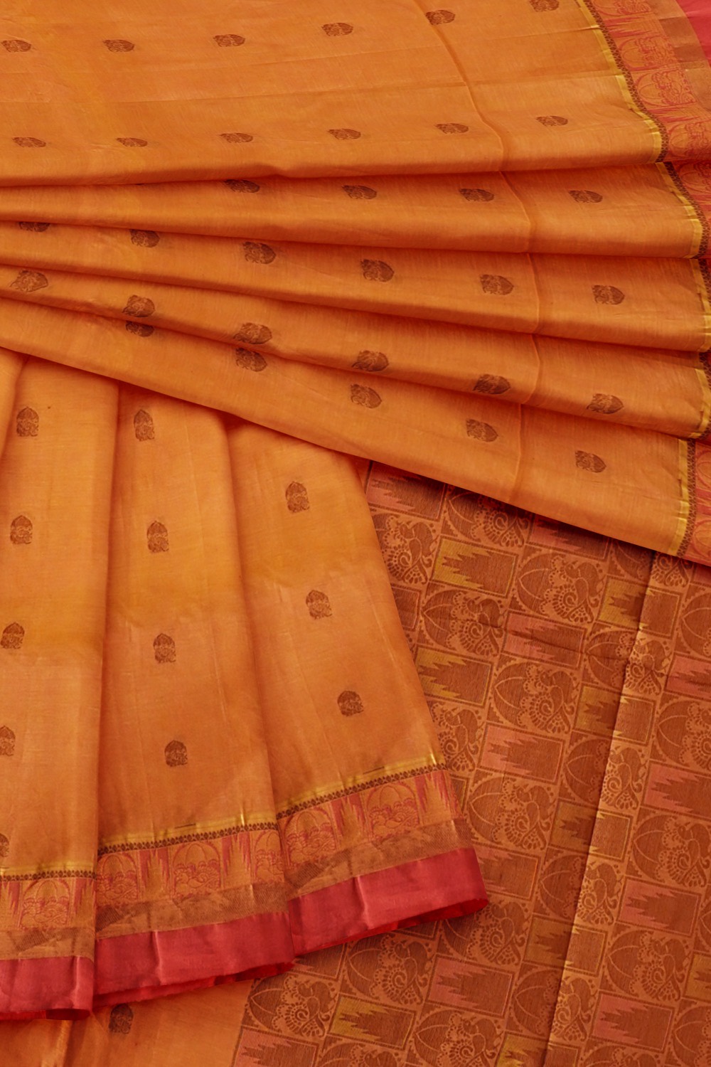 sri kumaran stores kora cotton saree orange saree with red border 4