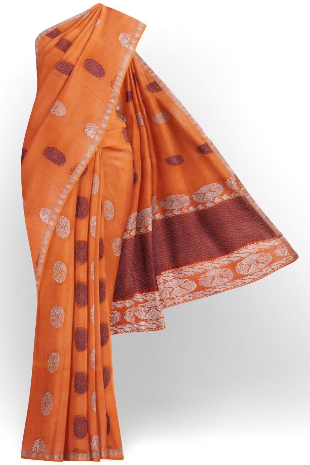 sri kumaran stores kora cotton saree orange saree with silver border 1