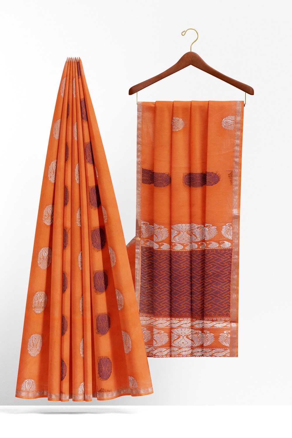 sri kumaran stores kora cotton saree orange saree with silver border 2