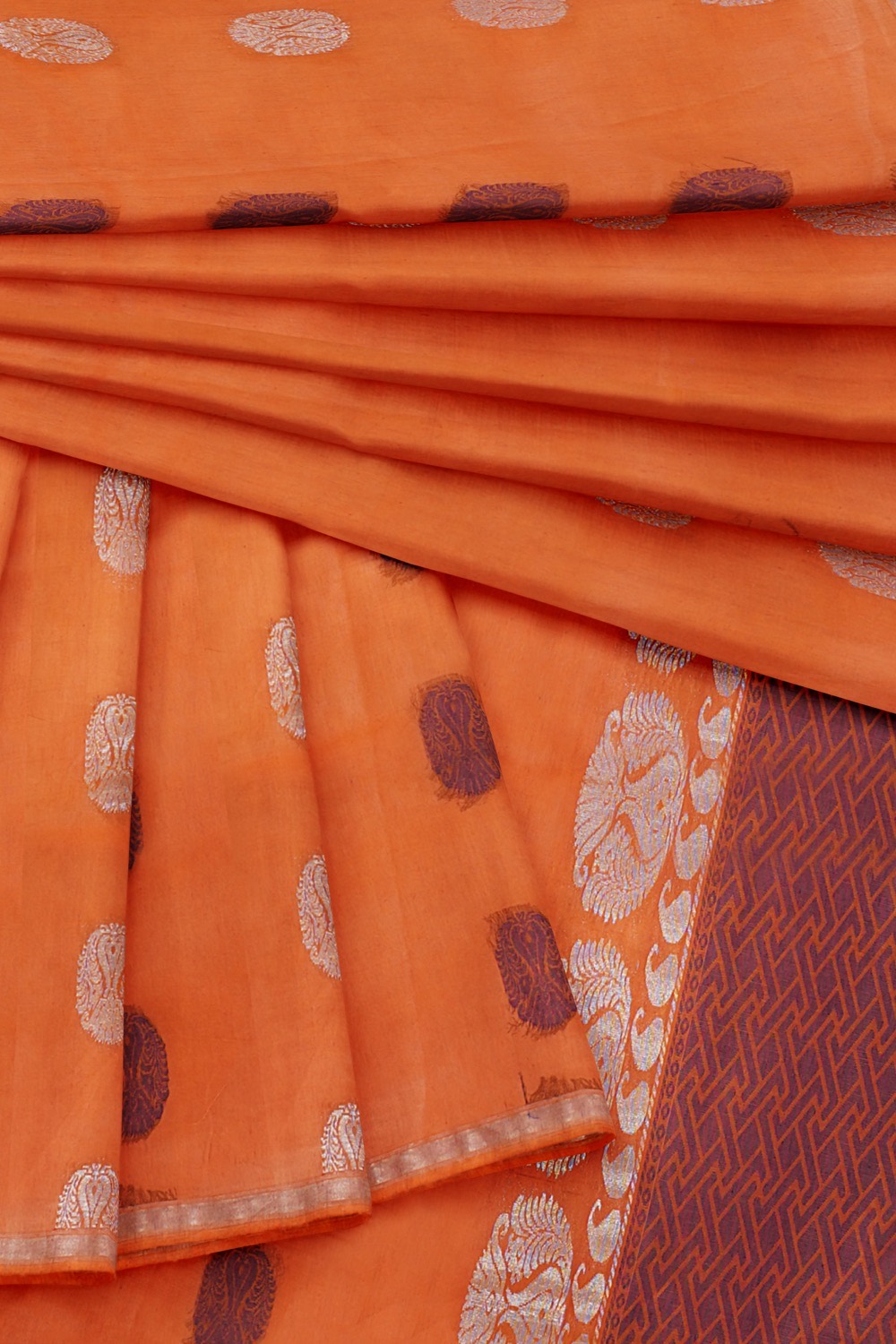 sri kumaran stores kora cotton saree orange saree with silver border 4