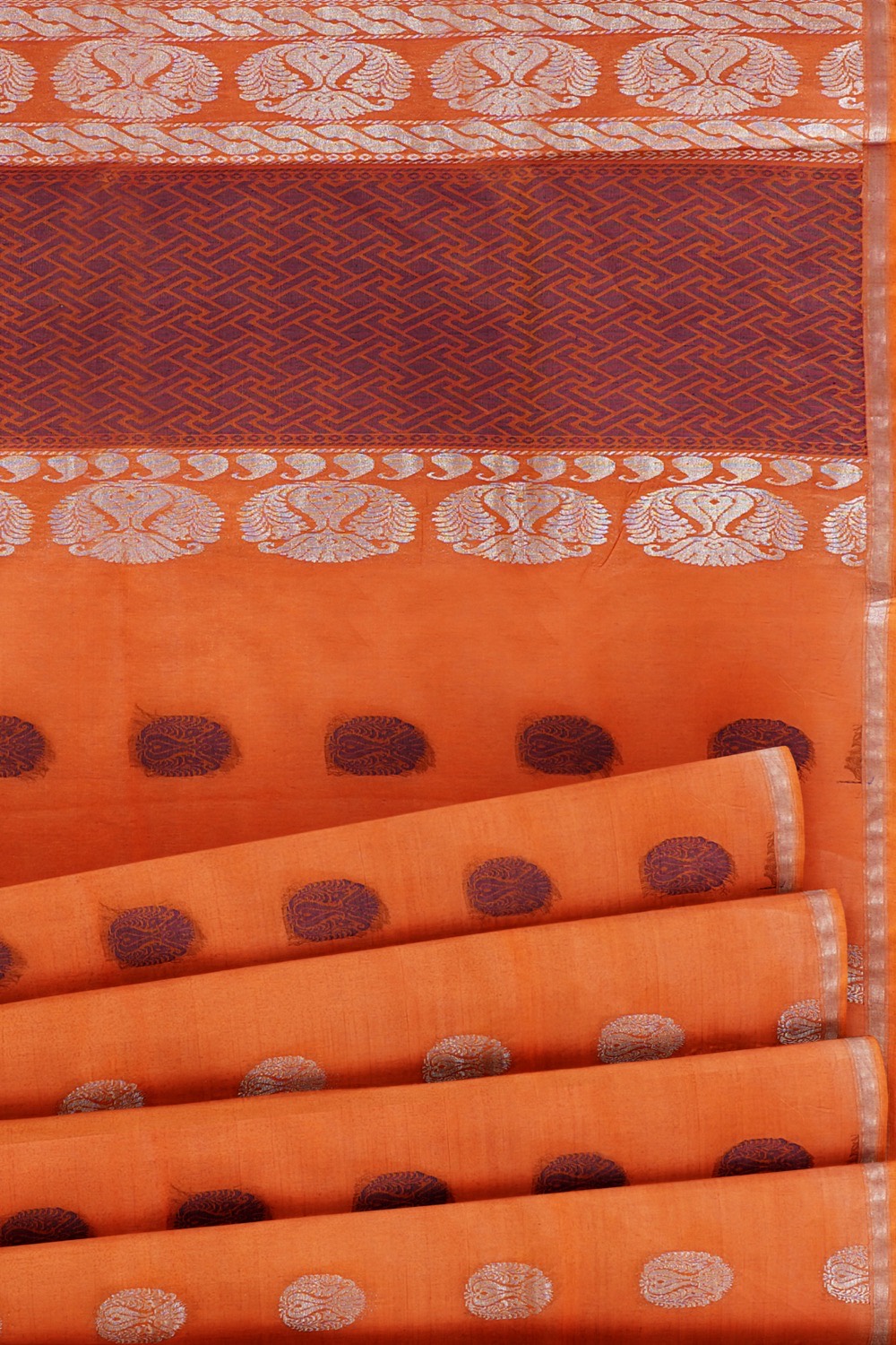 sri kumaran stores kora cotton saree orange saree with silver border 5