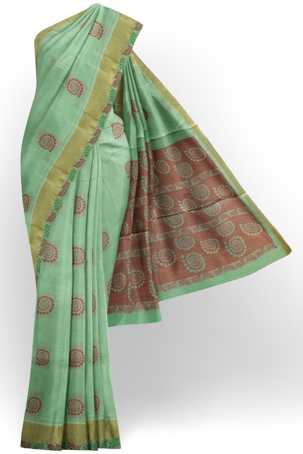 sri kumaran stores kora cotton saree pista green saree with golden border 1