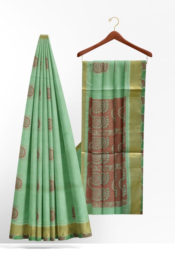 sri kumaran stores kora cotton saree pista green saree with golden border 2