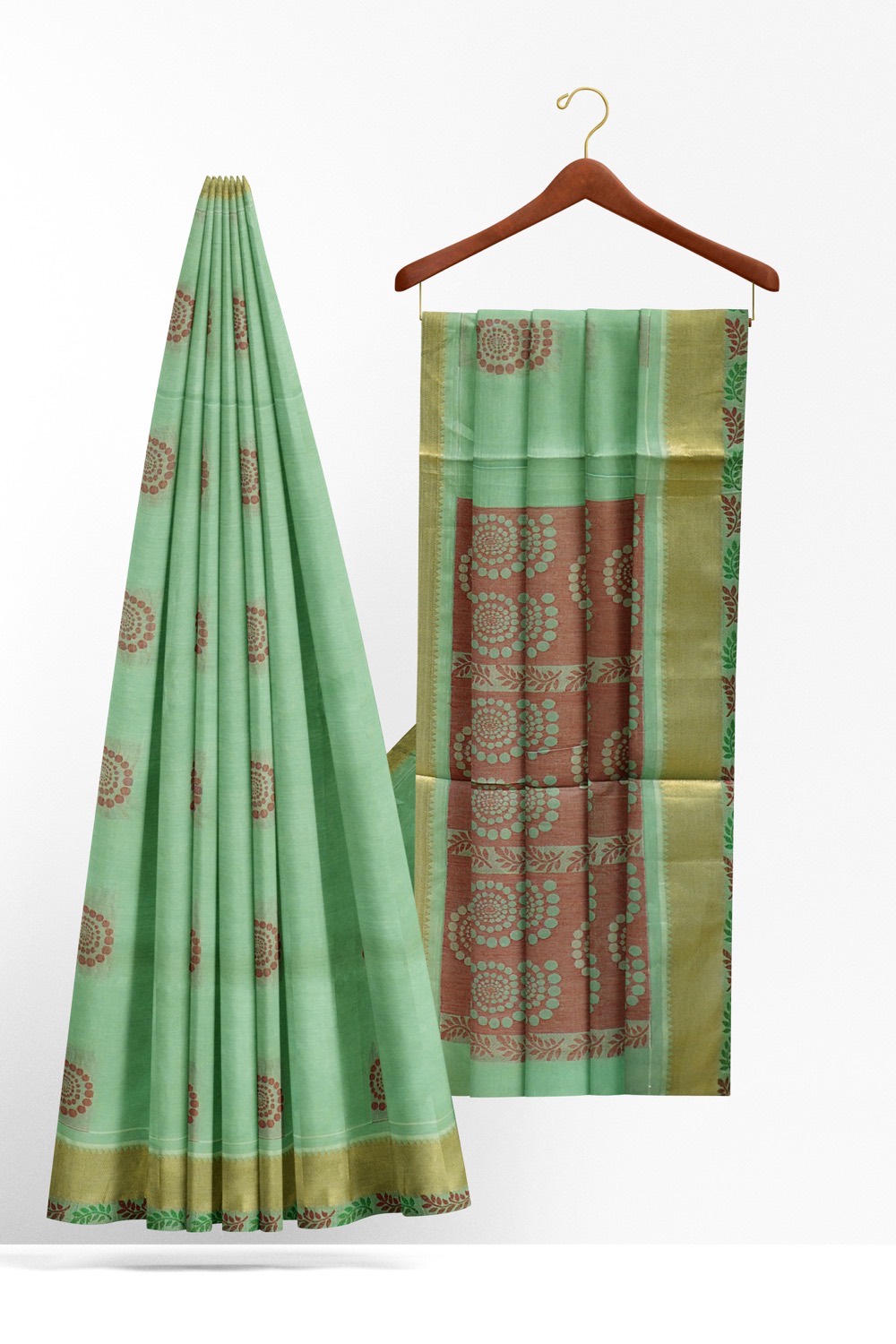 sri kumaran stores kora cotton saree pista green saree with golden border 2
