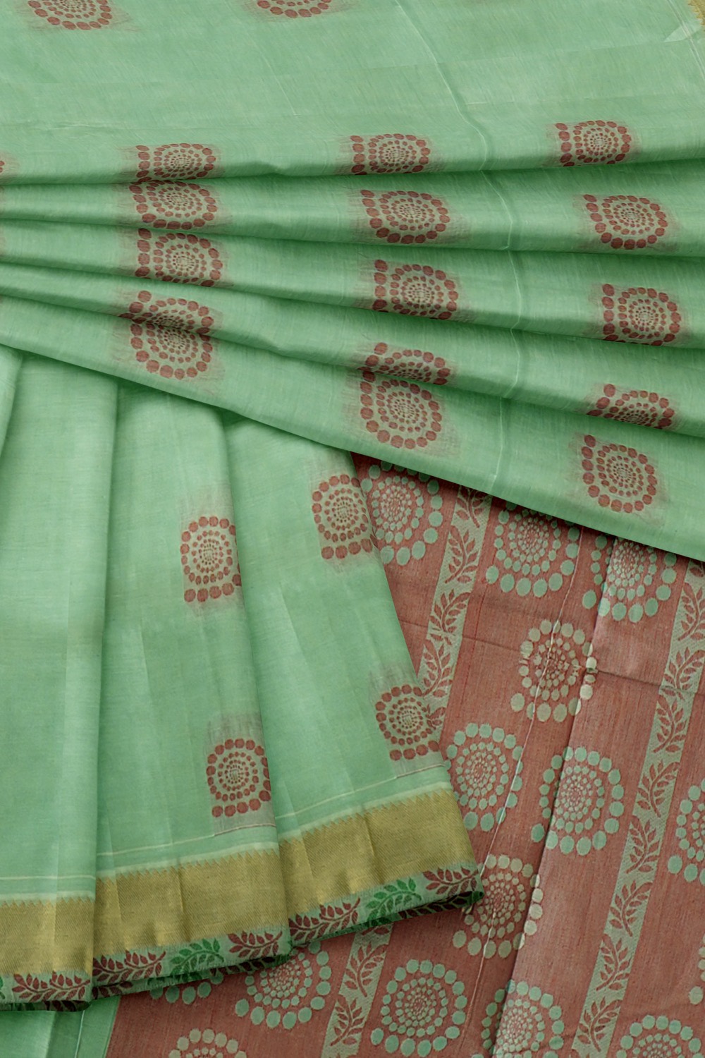 sri kumaran stores kora cotton saree pista green saree with golden border 4
