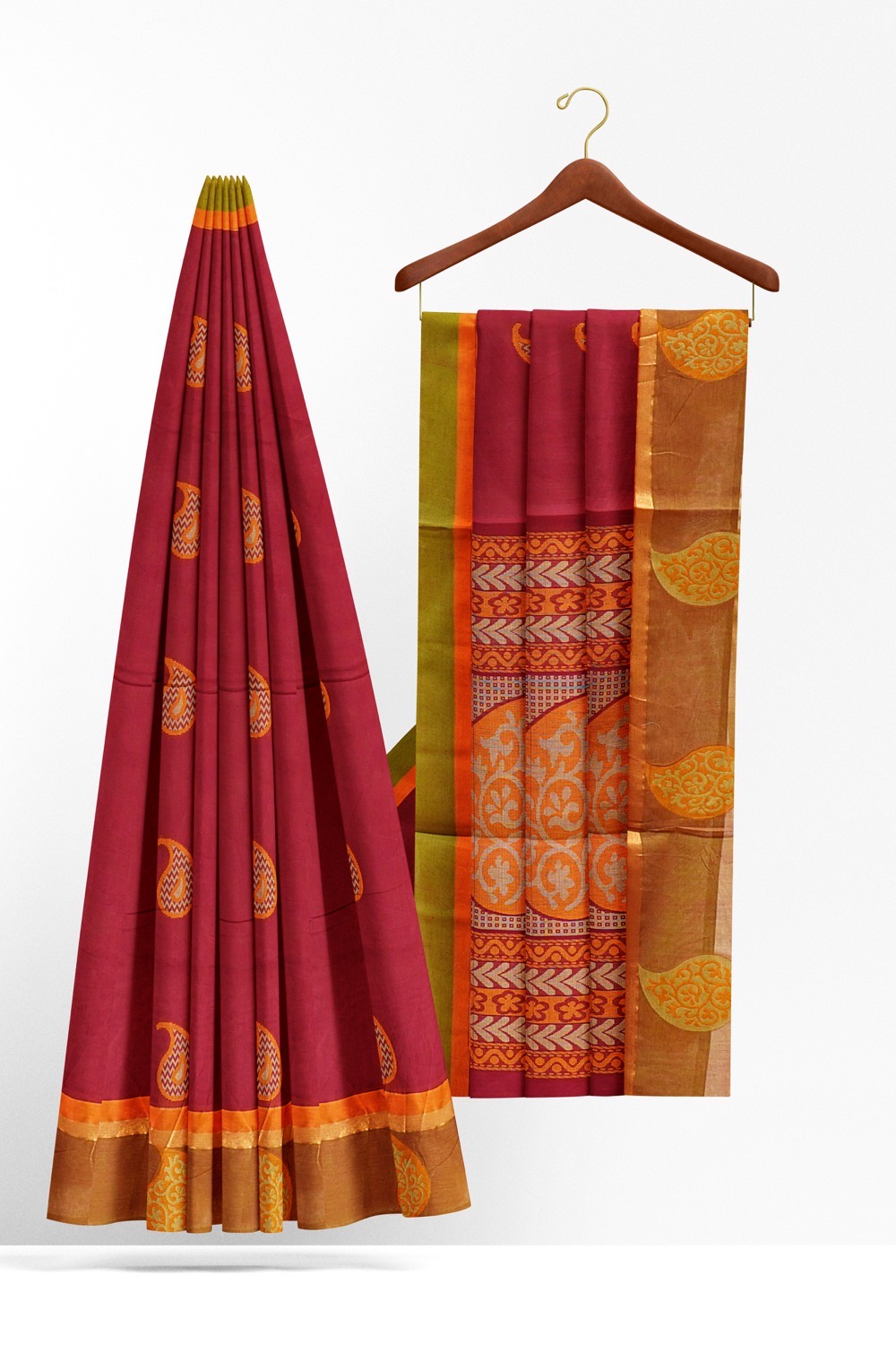 sri kumaran stores kora cotton saree red saree with brown border 2